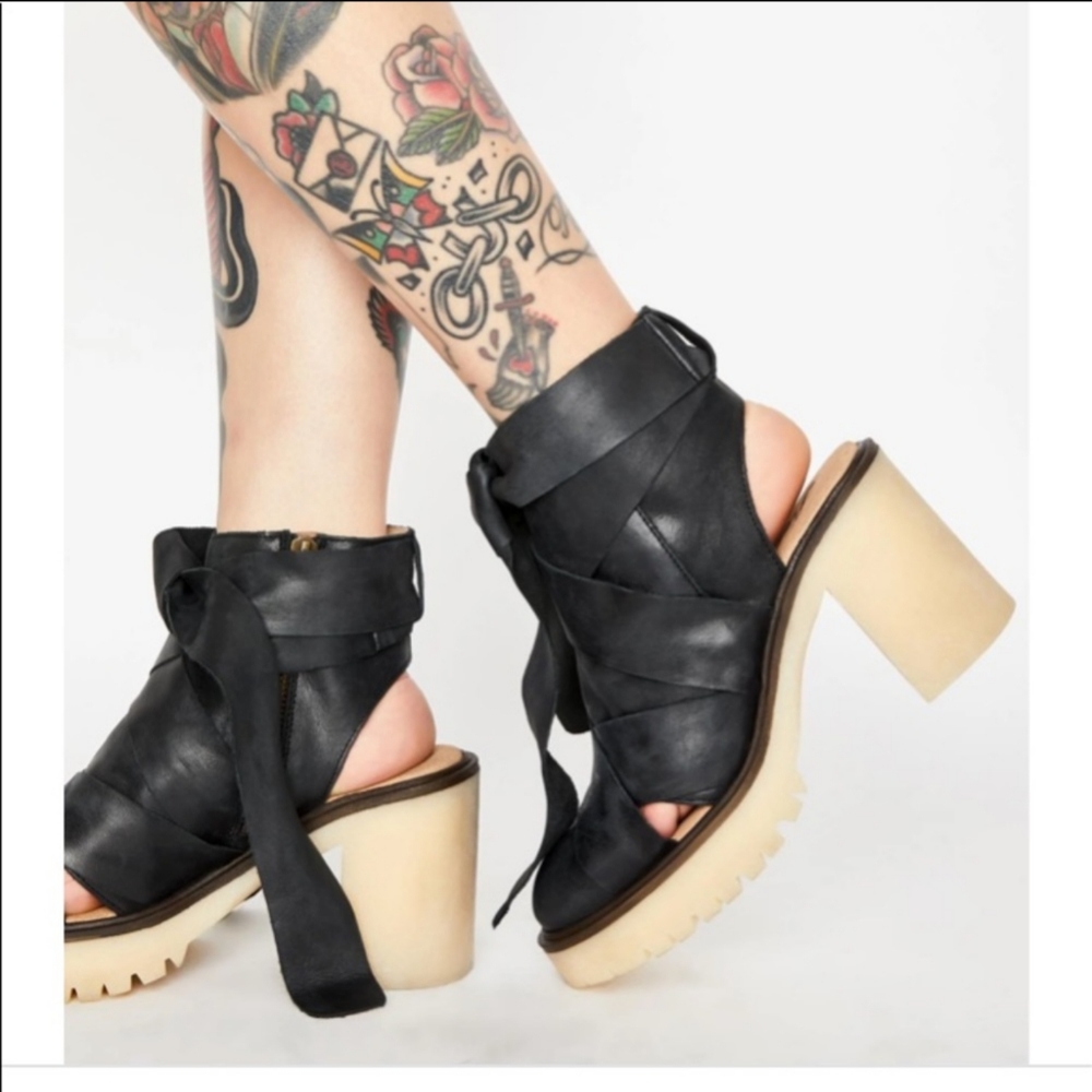 Free People Black Leather Wrap Ankle Booties with Cream Platform Heel